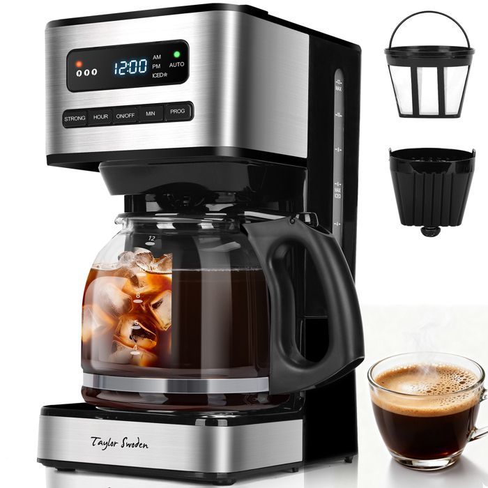 Taylor Swoden Cafetiere filtre 1.8L (12-15 Tasses) - Programmable 24H, 3 Niveaux Concentration + Café Glacé, Maintien au chaud