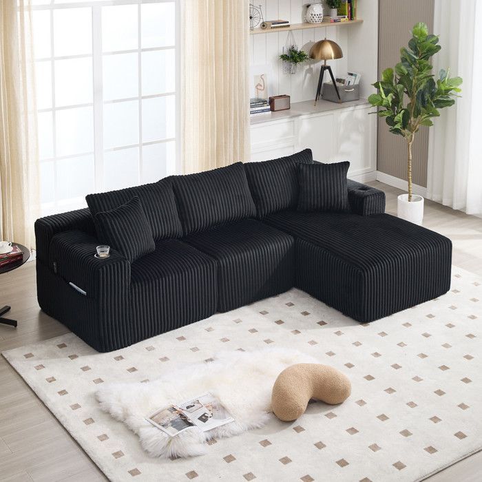 Canapé d'angle 3 places，Canapé modulable, velours côtelé, 5 coussins, poches latérales et porte-gobelets, Noir,257×90-160×62cm
