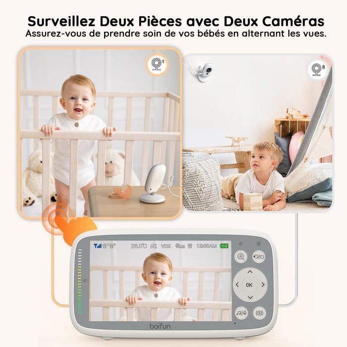 Monitor de bebê de 4 polegadas com 2 câmeras, câmera True IPS 720p, zoom de 3x, visão noturna infravermelha invisível, controle de volume, sem Wi-Fi.