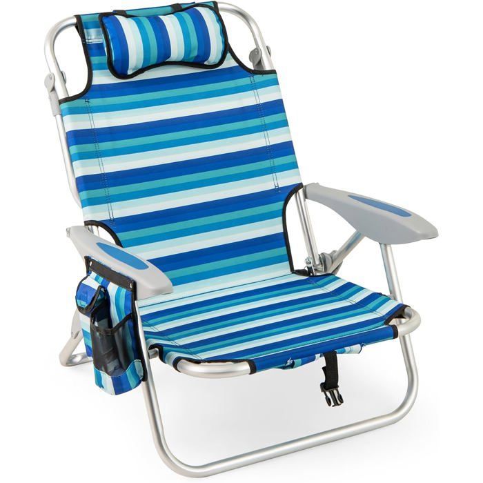 GIANTEX foldbar strandstol med justerbar ryglæn i 5 positioner, aluminiumsramme, 150 kg lasteevne, til fiskeri, 62x69x80 cm, blå stribe, 1 stk.