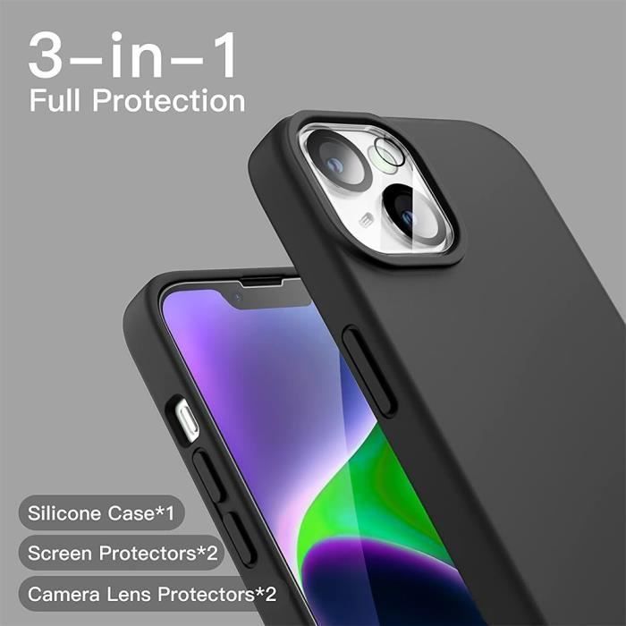 Protective case - BOOLING - for iPhone 14 - Black Silicone - Slim + 2 Screen Protectors + 2 Camera Lens Protectors