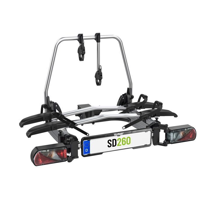 Eufab SD260 zilverkleurige fietsendrager voor 2 fietsen, geschikt voor bestelwagens met draaideuren.