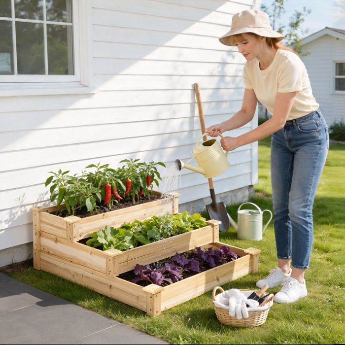Carré Potager à 3 Niveaux - WOLTU Jardinière Surélevée en Bois - avec Fond Ouvert - 92x92x35cm