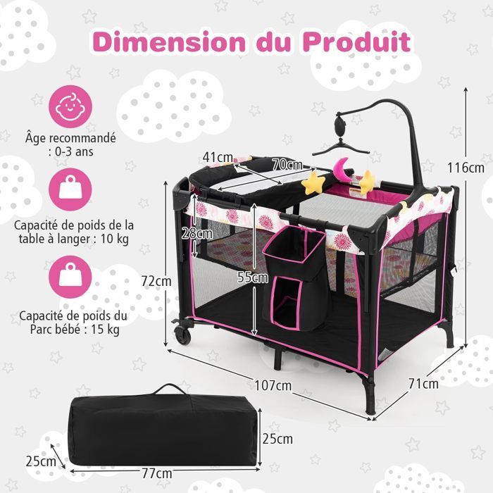 DREAMADE Lit Parapluie Bébé Pliable 3 en 1 avec Table à Lange & Matelas Réglable en Hauteur,avec Jouets,Panier de Rangement