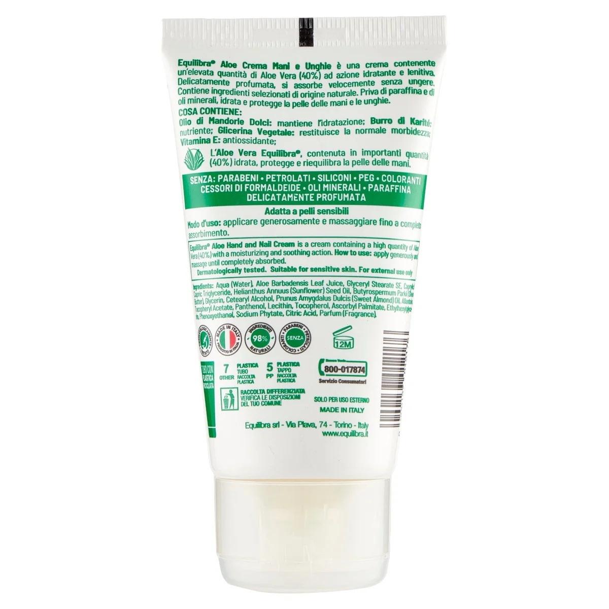 Equilibra Aloë hand- en nagelcrème 75 ml, hydraterend en beschermend.
