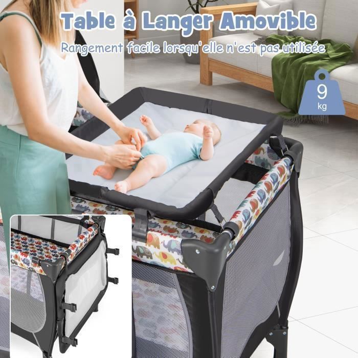 COSTWAY Lettino da viaggio pieghevole 5 in 1 con materasso, giocattoli sospesi, carillon, capottina rimovibile, 2 ruote, 0-3 anni, 15 kg, colorato