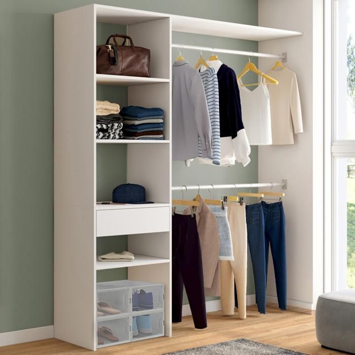 IDMARKET MELINE kledingkastset 160 x 40 x 180 cm wit met planken + lade + dubbele kledingstang