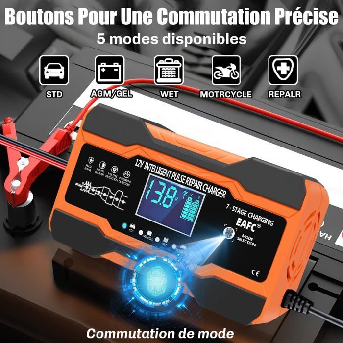 Cargador inteligente de baterías para coche de 12 A y 12 V, cargador de mantenimiento para baterías de plomo-ácido, STD, AGM, gel, SLA y baterías de motocicleta.