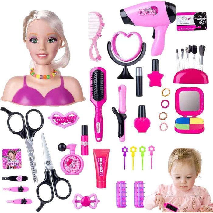 40-Piece Children's Doll Hair Styling Set - Styling and Makeup Head - Beauty Accessories, Hair Dryer, Makeup and Clips - Toy
