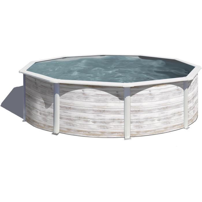 GRE - Piscina redonda de acero Ø3,20 m x H: 1,22 m - Efecto madera nórdica Filtración de arena