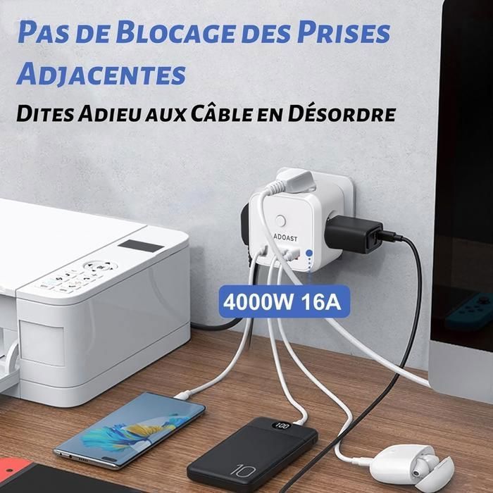 Régua de tomadas de parede em formato de cubo, carregador USB 7 em 1 com 3 tomadas CA, 4000 W com interruptor - ADTOBAST