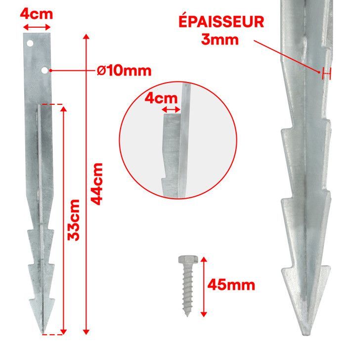 Grondankerset voor schommels - 4 x 44 cm gegalvaniseerde stalen ankers/paalsteunen - Voor schommels, torens en speeltoestellen