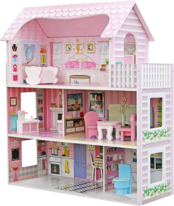 Rijoka Maison de poupée en bois avec meubles - 8 pièces - 3 étages - Rose classique - 62x27x70 cm