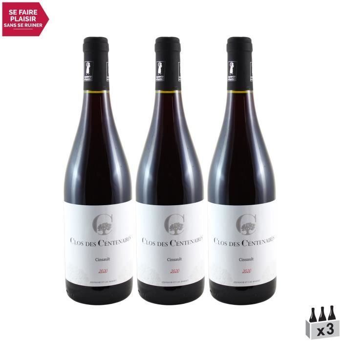 Pays d'Oc Cinsault Rouge 2020 - Lot de 3x75cl - Clos des Centenaires - Vin IGP Rouge du Languedoc - Roussillon