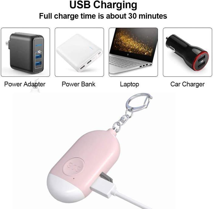 Lot de 2 alarmes personnelles 130 dB rechargeables par USB avec fonction lampe de poche LED et étanche