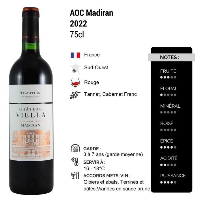 Château de Viella Madiran Cuvée Tradition 2022 - Vino tinto del Suroeste (6x75cl).