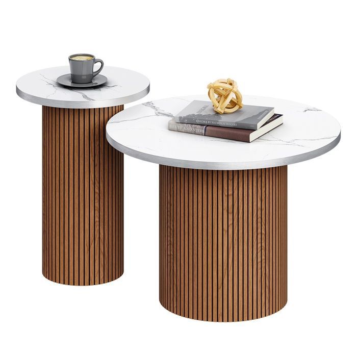 Round Coffee Table Set of 2 Marble Veneer Side Table Modern Minimalist Style 50x35+32x48cm Walnut