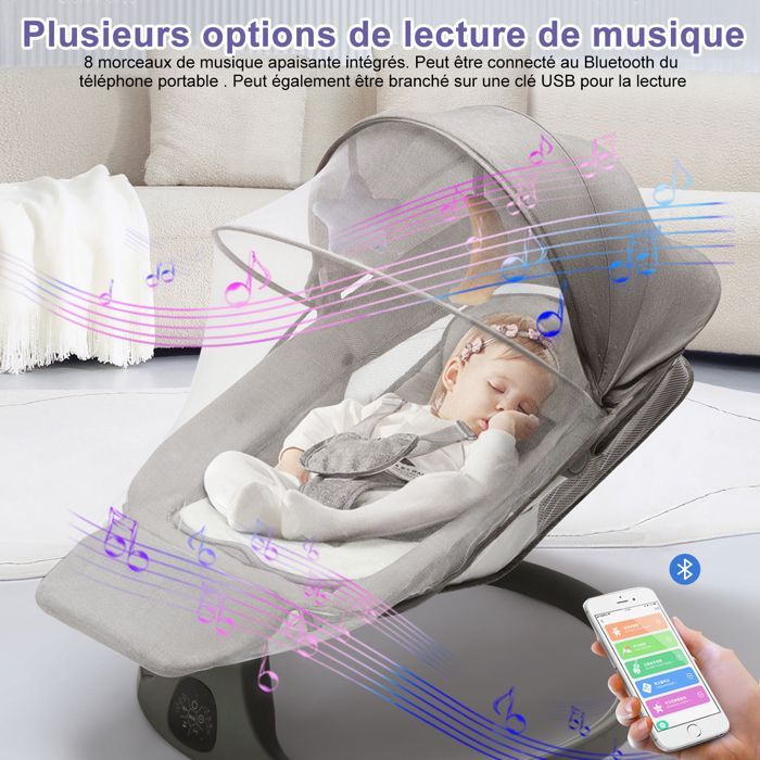 Columpio/hamaca eléctrico 3 en 1 para bebé con control remoto, pedal, mesa de alimentación, 5 modos de balanceo y música Bluetooth - Gris