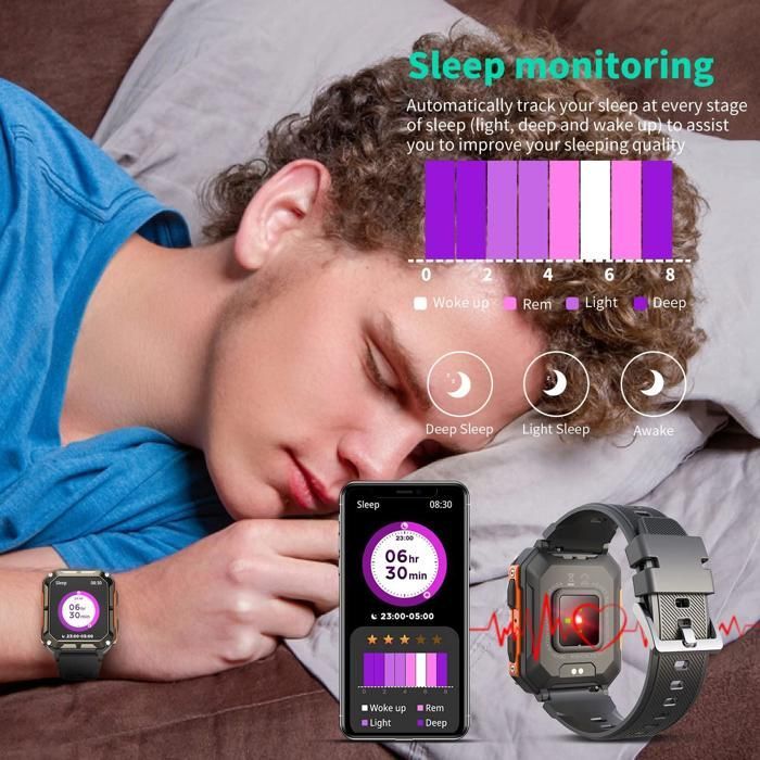 Montre intelligente militaire pour hommes avec appel, tracker d'activité, IP68 (noir)