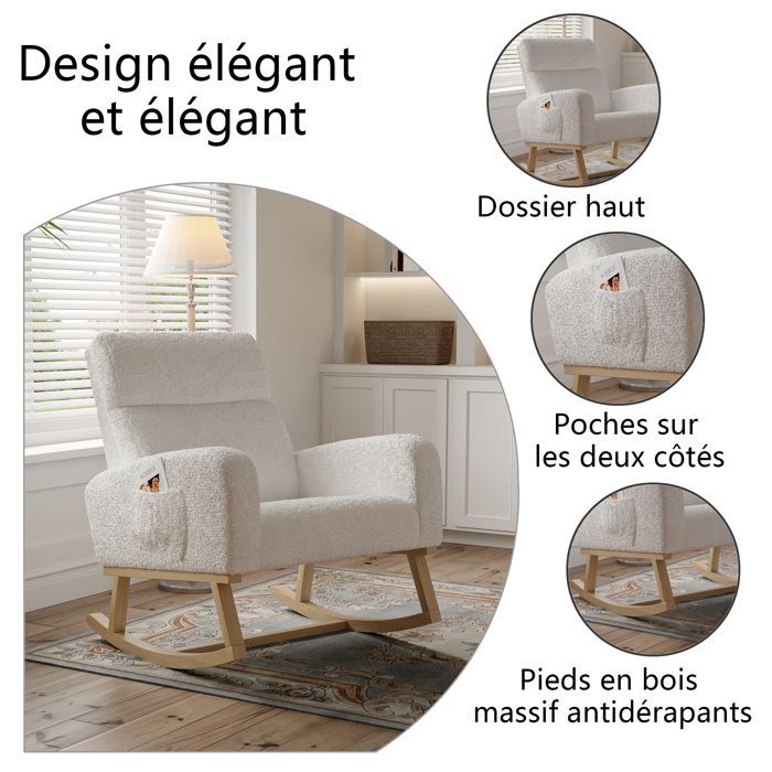 Sedia a dondolo - Bianca - Tessuto Sherpa - Gambe in legno massello - Stile scandinavo
