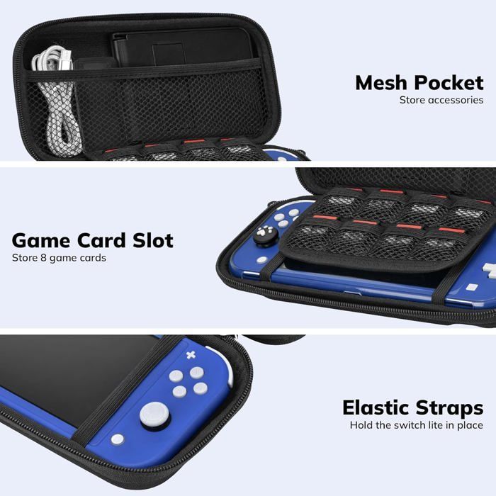 Kit di accessori 14 in 1 per Nintendo Switch Lite: custodia nera con cover protettiva e custodia per giochi.
