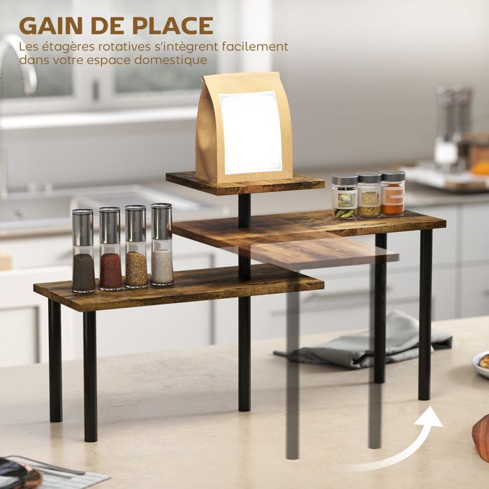 Estantería de cocina - HOMCOM - giratoria - 3 niveles - estructura metálica - 40 x 18 x 36,5 cm - marrón rústico