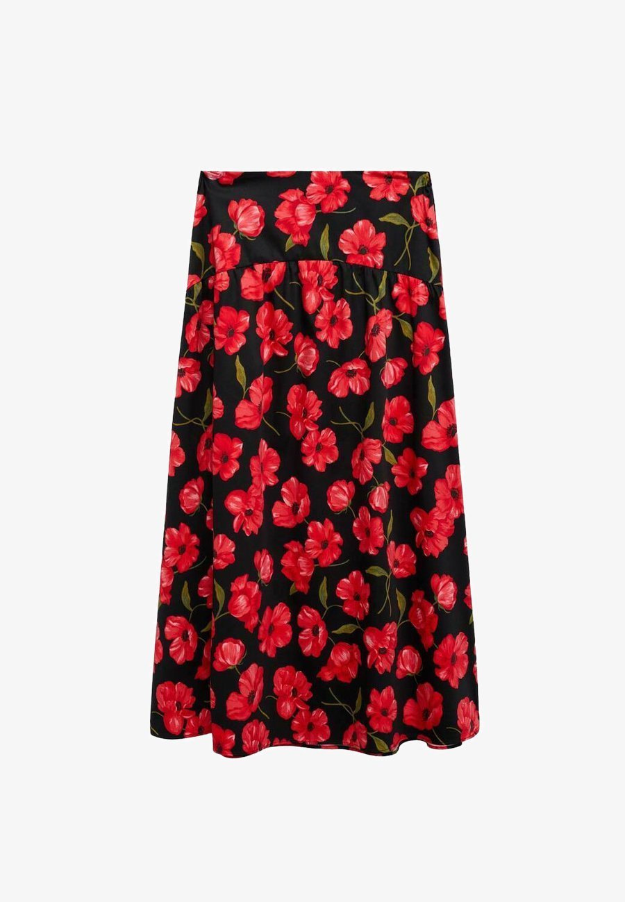 Mango rok met bloemenprint en uitlopende pijpen - A-lijn rok - zwart