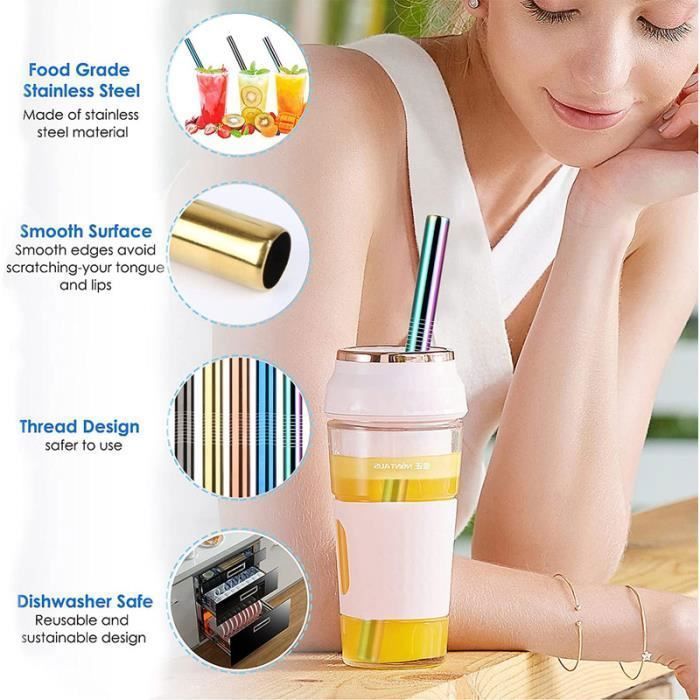 Lot de 5 Pailles Bubble Tea - Réutilisables - Pailles Extra Larges en Acier Inoxydable 12mm - avec 1 Brosses de Nettoyage