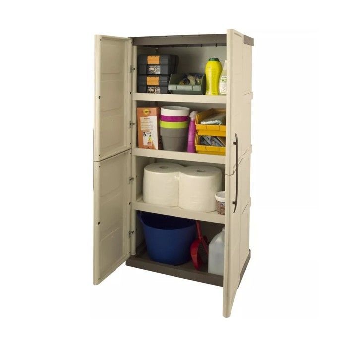 Armário de armazenamento com 2 portas e 3 prateleiras, bege, 70 x 39 x 165 cm, para garagem, oficina e lavanderia, ARTPLAST