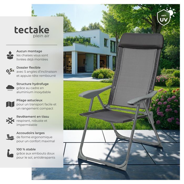 Tuinstoelen - TECTAKE - Set van 4 MAURINE opklapbare buitenstoelen van aluminium met gewatteerde hoofdsteun - Antracietgrijs