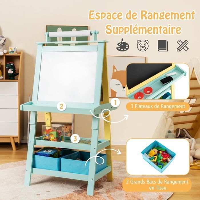COSTWAY Children's Easel - Magnetic White and Black, Paper Roll (Paper Included), 3 Shelves and 2 Storage Bins Light Blue