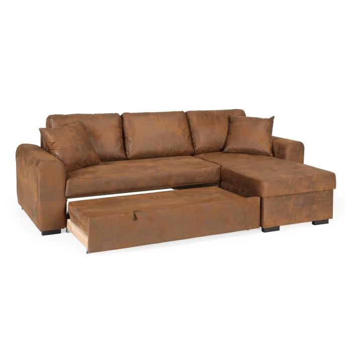 Divano letto angolare reversibile a 4 posti - Tessuto marrone vintage - L 244 x P 151 x H 90 cm - HAMILTON - Prodotto in Ucraina