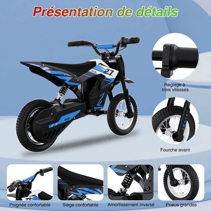 Moto Électrique pour Enfants RCB - Trois modes de vitesse - Batterie 36V/4AH - R9X Bleu