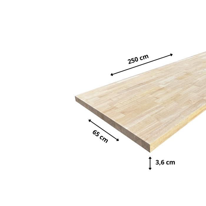 Piano di lavoro in legno massello di Hevea, laminato, con giunzione di testa, L.250 cm x P.65 cm, spessore 36 mm