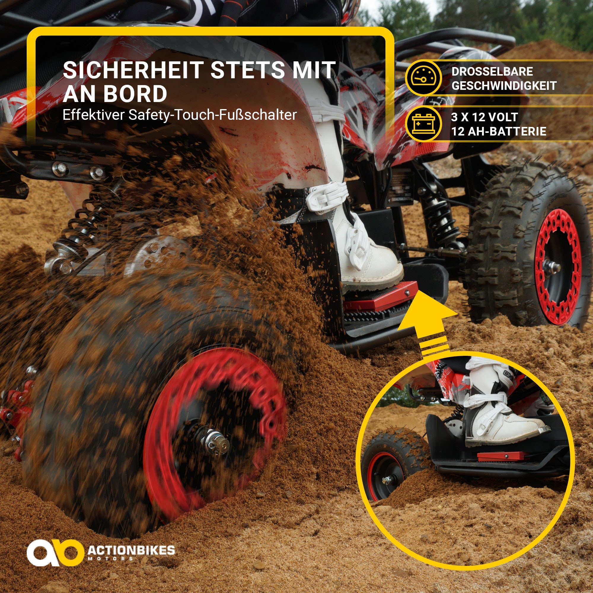 Actionbikes Motors elektrisches Kinderquad Torino ATV 1000 W 36 V, Tragfähigkeit 50 kg, (1 Stück), Taschenquad – Sicherheitsberührung – gelochte Scheibenbremse – bis zu 25 km/h