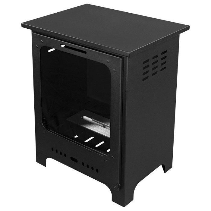 Chimenea de bioetanol independiente de estilo neorretro, con puerta abatible y puerta de cristal.