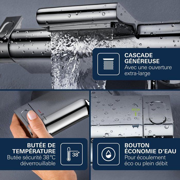 GROHE Mitigeur mural thermostatique bain/douche ½ Grohtherm 2000 34174001 - Jet cascade - Limiteur de température - Economie d'eau