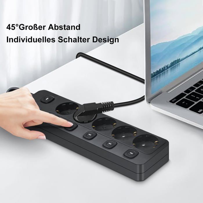 Regleta de enchufes de 2 m con interruptor, 5 tomas de corriente, 2 puertos USB-A y 1 puerto USB-C, protector contra sobretensiones.
