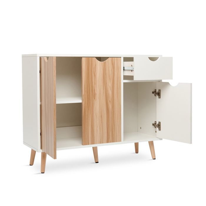 Aparador de cocina Mondeer, mueble bajo de almacenamiento con 1 cajón y 3 puertas, apto para comedor/dormitorio/sala de estar, 90x30x73 cm, roble y blanco.