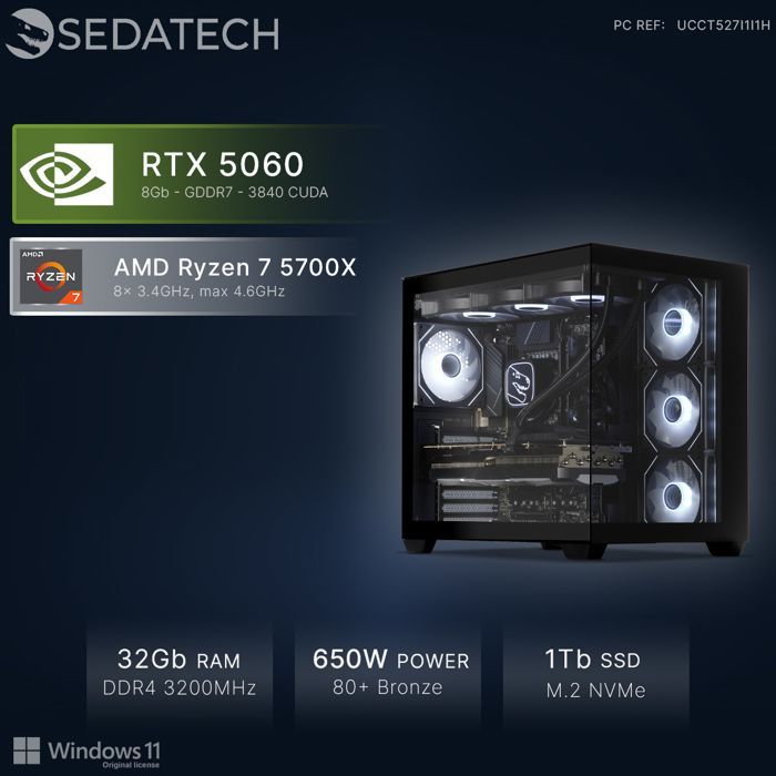 Sedatech PC Gamer Advanced Watercooling Maxi Vision • AMD Ryzen 7 5700X • RTX5060 • 32 GB RAM • 1 TB SSD M.2 • Windows 11