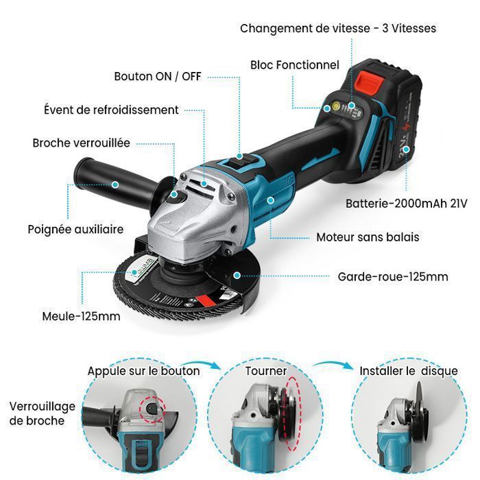 Meuleuse d'angle électrique sans balais 125 mm - 3 vitesses - 12 000 tr/min - 1 batterie 21 V
