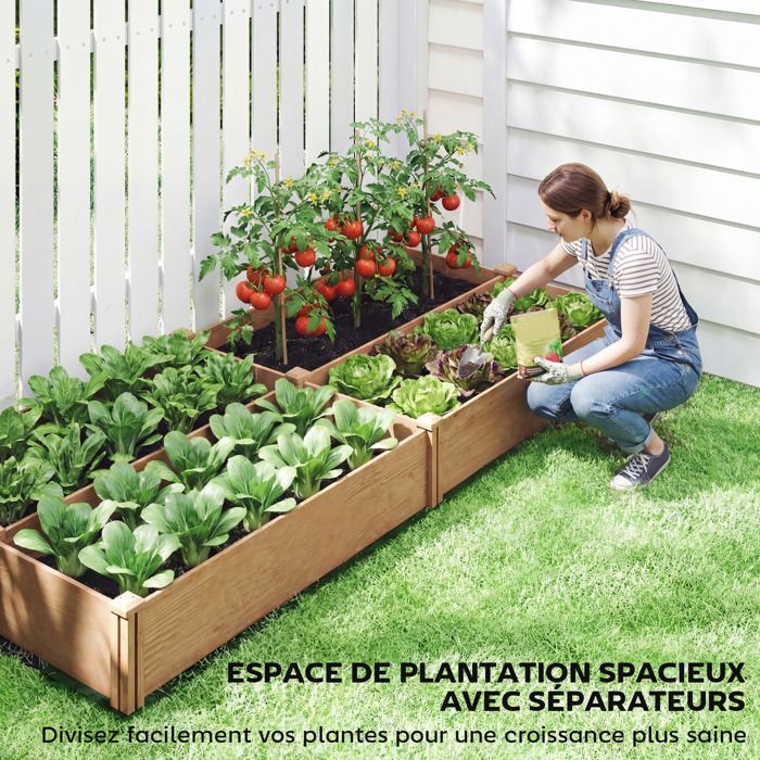 Raised garden bed - Outsunny - 4 growing zones, open bottom with tool-free assembly - wood - 234x109x25cm - light brown