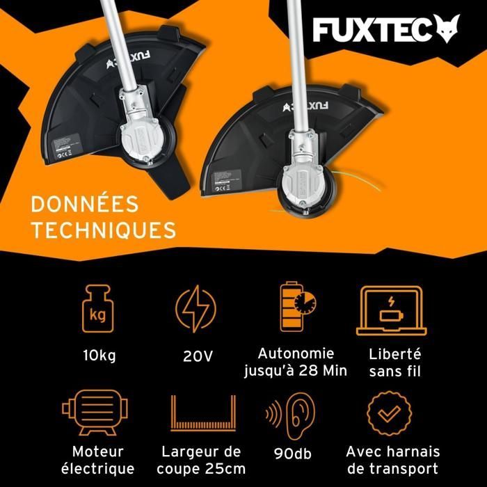 Desbrozadora inalámbrica FUXTEC FX-E2MS con 2 baterías de 20 V y 2 Ah, cargador doble de 2,4 A incluido, hilo y cuchilla, ancho de corte de 25,5 a 35 cm.