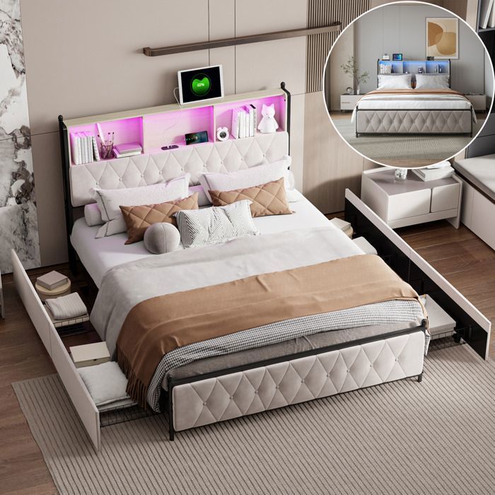 Tweepersoonsbed 180x200cm met ledverlichting en 4 lades, opbergvakken in het hoofdeinde, USB/Type-C-oplaadmogelijkheid, beige fluweel