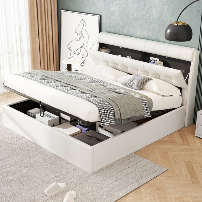 Tweepersoons gestoffeerd PU-bed 180x200, hydraulisch bed met verborgen opbergruimte naast het bed, opbergbed voor volwassenen met lattenbodem en hoofdeinde, wit