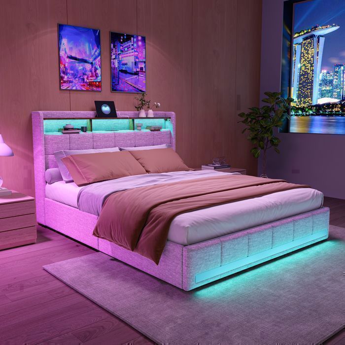 Lit 140 x 200 avec sommier,lit 140,Lit 140x200,cadre de lit,Lit double 140x200,LED,rangement,USB,4 tiroirs,rembourré,Lin,Beige