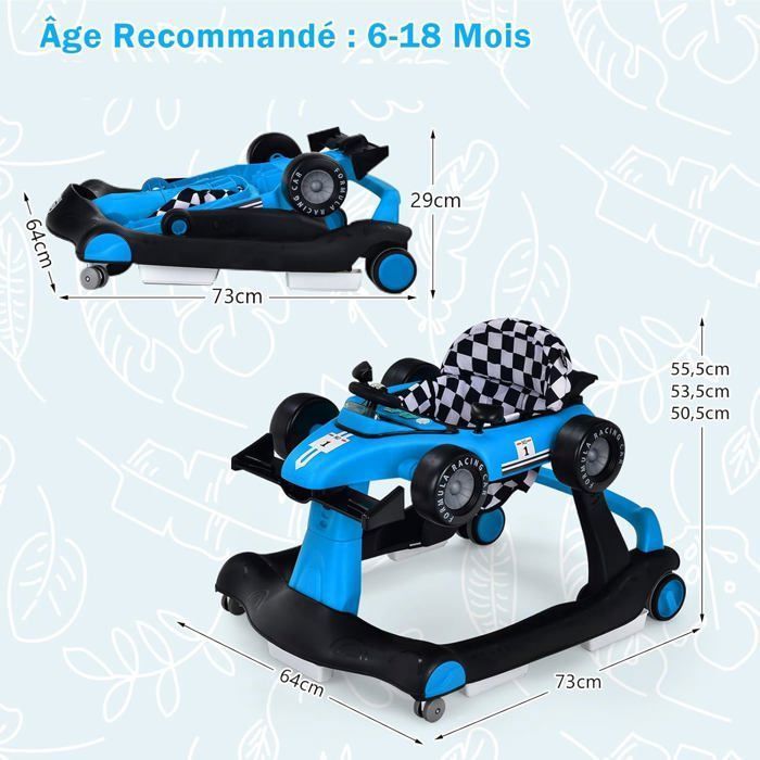 Andador plegable 4 en 1 para bebés COSTWAY - Altura y velocidad ajustables - Caja de música con luz - 6-18 meses - Ruedas silenciosas - Azul