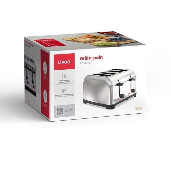 4-slice toaster - LIVOO - DOD197 - 1700 W - 2 independent and adjustable thermostats: 7 levels - Stainless steel