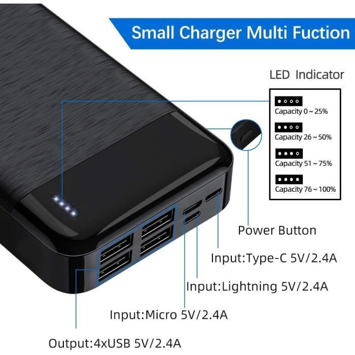 Batterie Externe 30000mAh, Chargeur de Téléphone Portable 4 Ports de Sortie Haute Vitesse Power Bank Compatible pour Smartphone