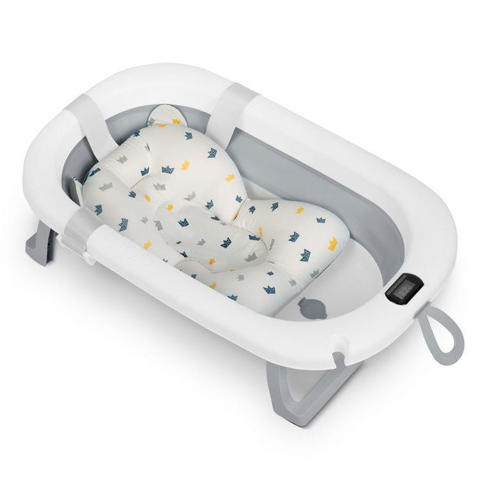 Foldable Baby Bathtub - RICOKIDS - Built-in Thermometer - Newborn Insert - White and Grey - Foldable and Lightweight